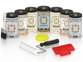Retique It White Oak Kit with Liquid Wood, Pecan Gel Stain Alternative, Politique It Satin Finish, yellow sponge, red graining tool, roller, and brush.