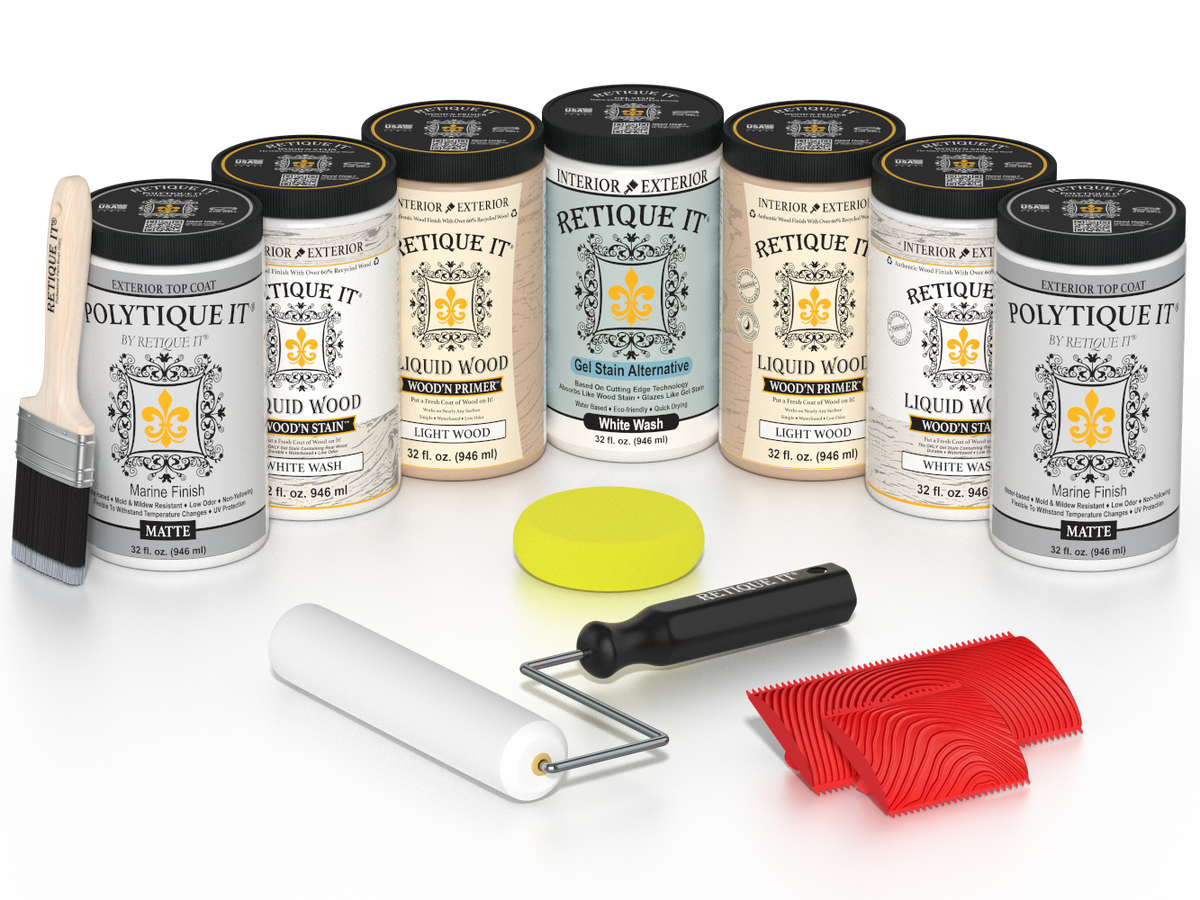Retique It® Wood'n Door Kit in White Wash stain, featuring front and garage door stain samples on a matte finish.