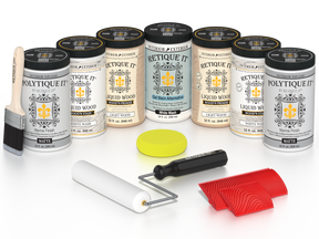 Retique It® Wood'n Door Kit in White Wash stain, featuring front and garage door stain samples on a matte finish.