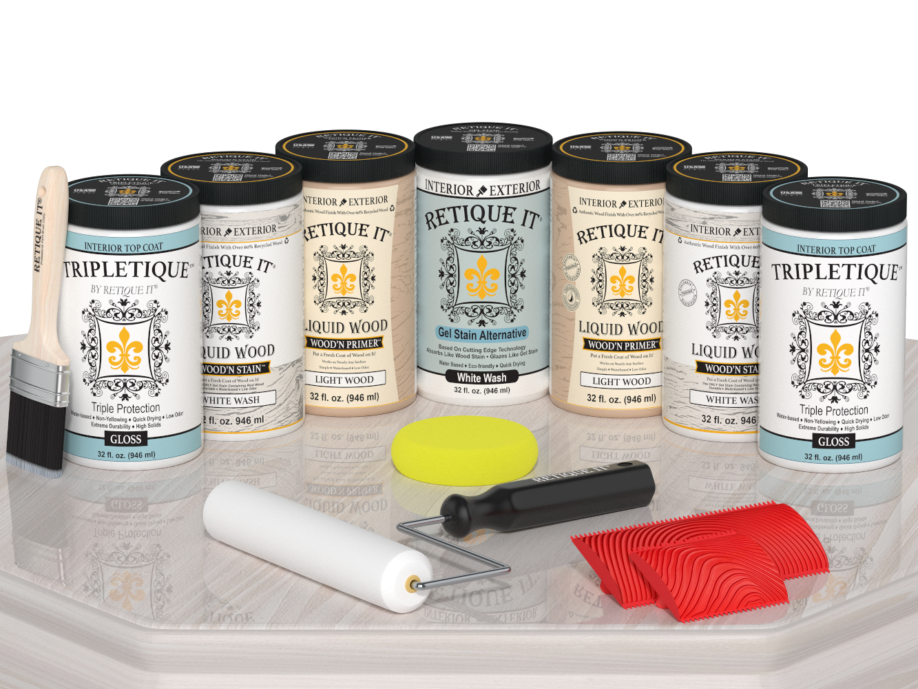 Retique It Wood'n Cabinet Kit with 24 grained white wash stain, glossy finish, displayed on a table.