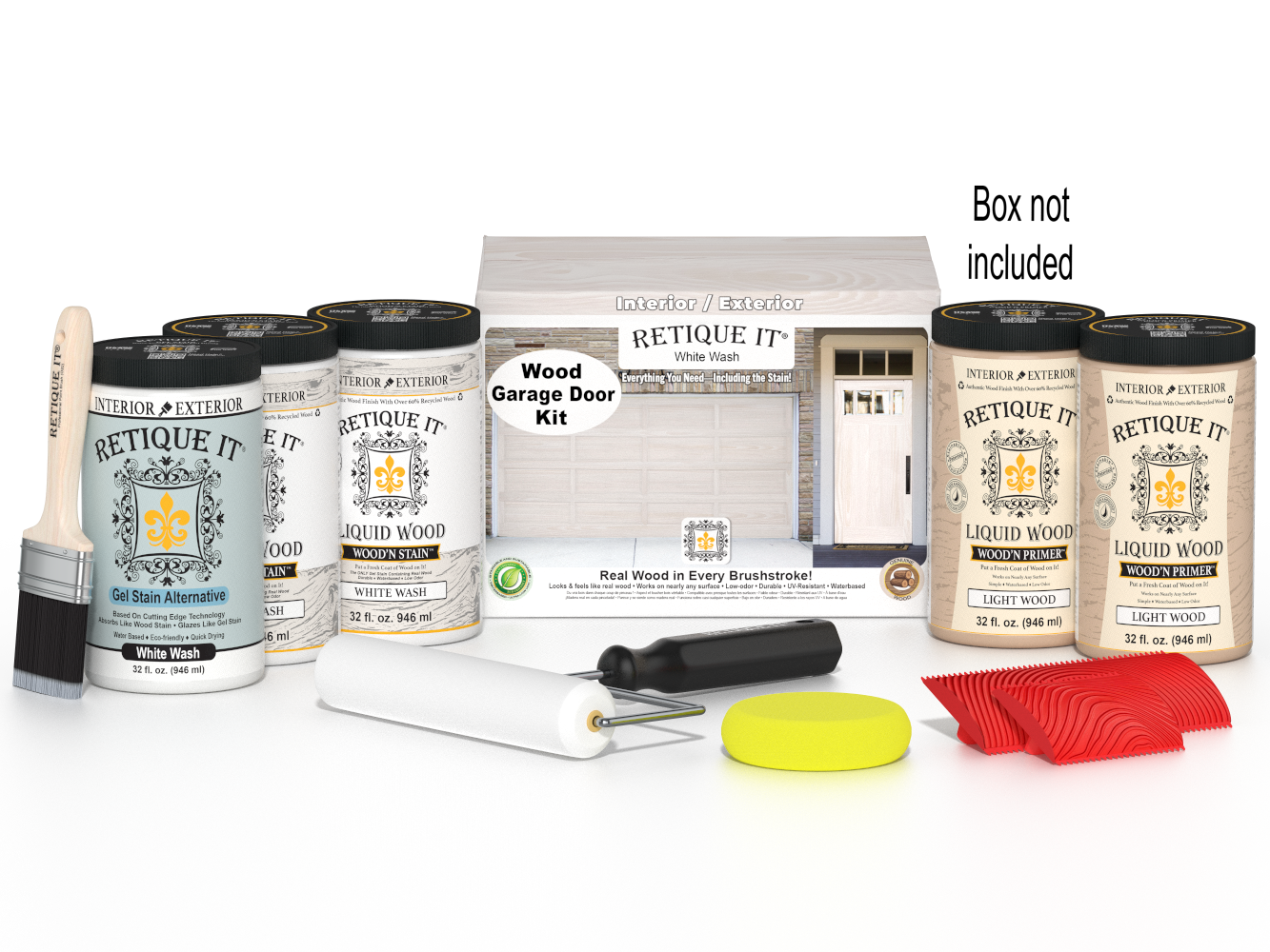 Retique It White Wash Wood Garage Door Kit with Liquid Wood, White Wash Gel Stain Alternative, yellow sponge, red graining tool, roller, brush, and kit box.