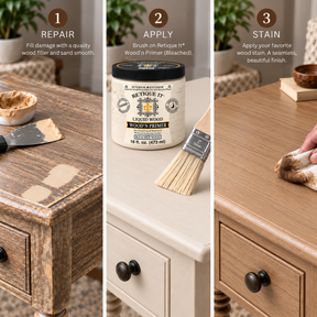 Three-step furniture refinishing guide: repair damage, apply Retique It Wood’n Primer in Bleached Wood, then apply wood stain.