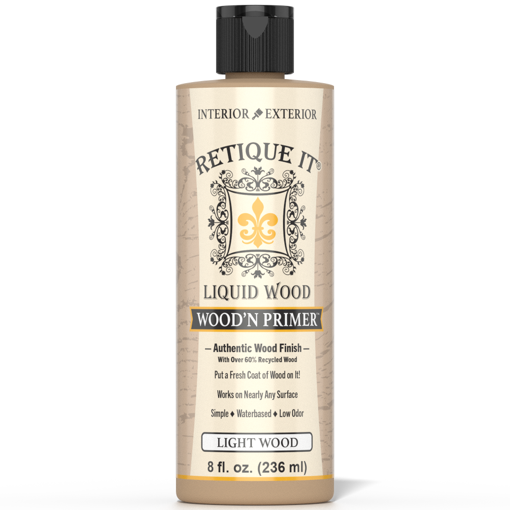 Retique It® Liquid Wood Wood'n Primer in Light Wood, 8 fl oz bottle, showing the primer's packaging and label.