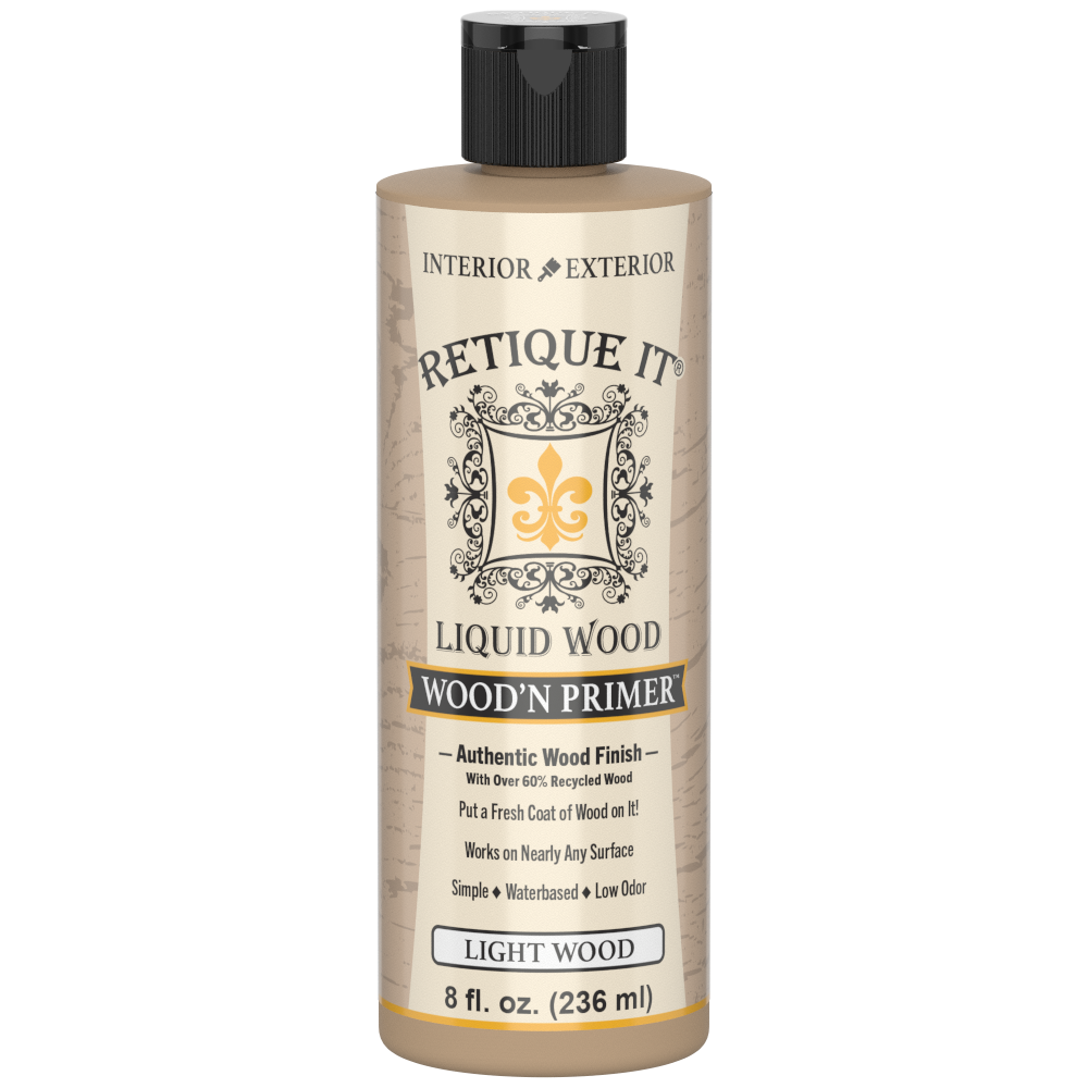 Retique It® Liquid Wood Wood'n Primer in Light Wood, 8 fl oz, showing the primer container and sample of light wood finish.