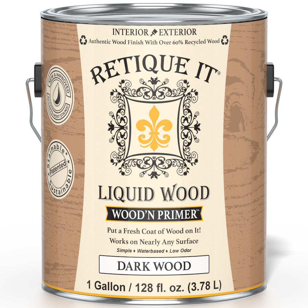 Retique It® Liquid Wood Wood'n Primer in Dark Wood, 128 fl oz, showing the dark-colored primer in a container.