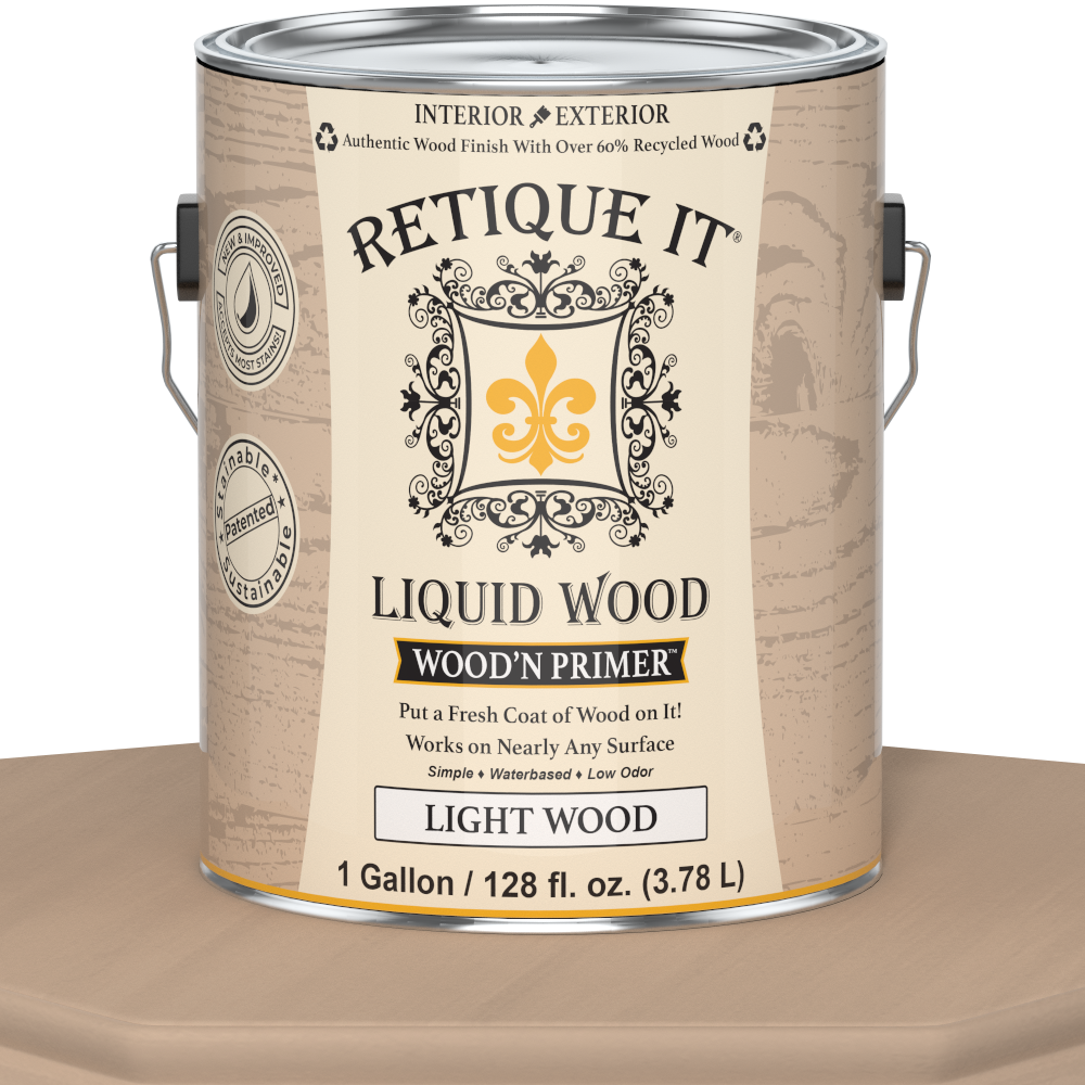 Liquid Wood Wood'n Primer by Retique It, light wood color, 128 fl oz primer for wood surfaces, shown on table.