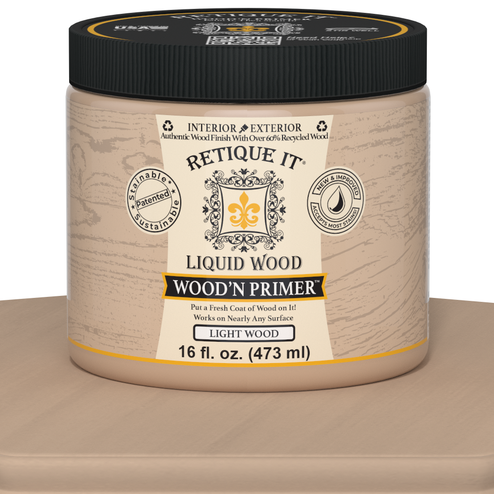 Retique It Liquid Wood Wood'n Primer in Light Wood, 16 fl oz, shown on a table, ready for wood finishing projects.