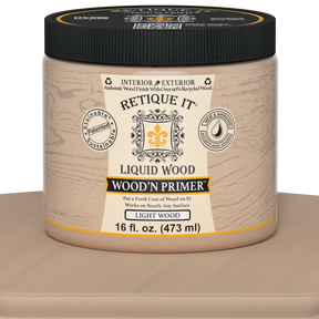 Retique It Liquid Wood Wood'n Primer in Light Wood, 16 fl oz, shown on a table, ready for wood finishing projects.