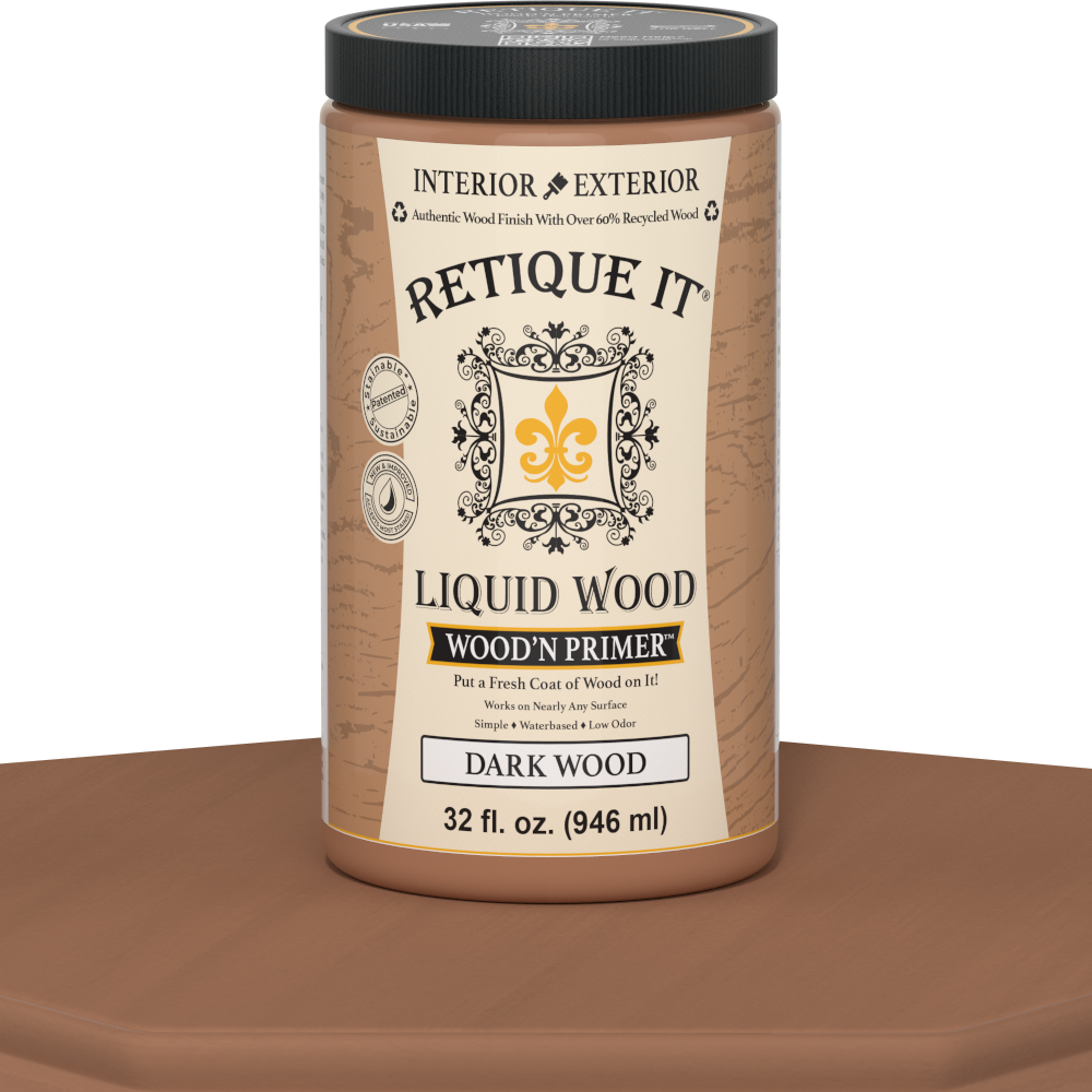 Retique It® Liquid Wood Wood'n Primer in Dark Wood, 32 Fl oz, applied to a surface showing deep wood grain primer.