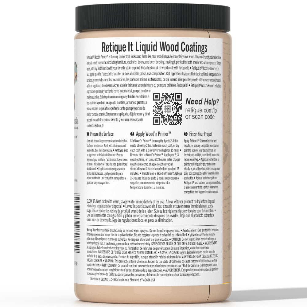 Retique It® Liquid Wood Wood'n Primer in Light Wood, 32 fl oz, showing the primer applied to a wooden surface.