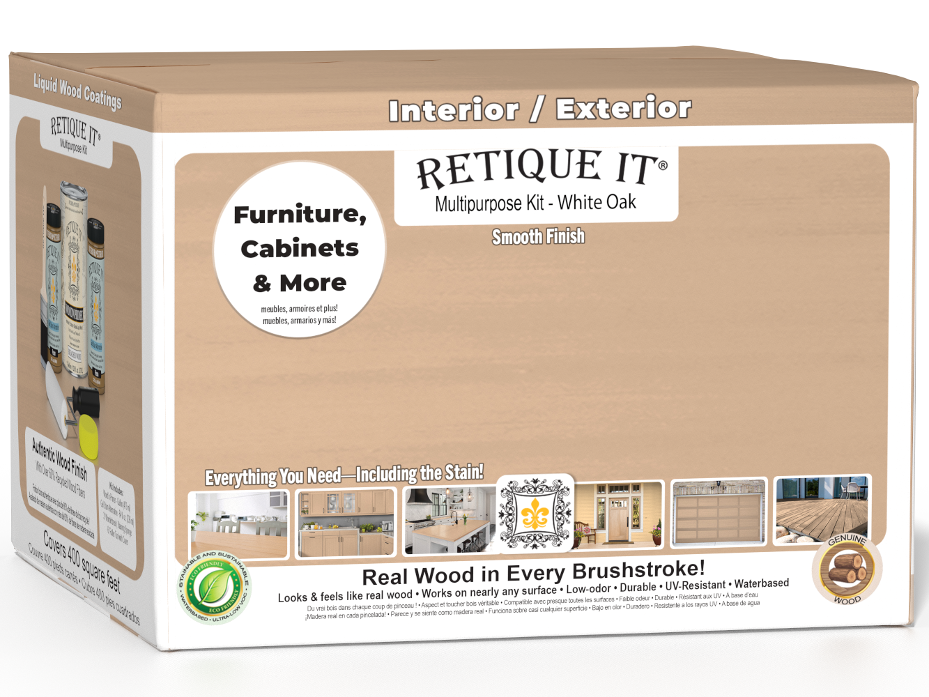 Retique It Wood'n Finish Kits White Oak exterior top coat with four large containers in a multi-purpose smooth finish kit.