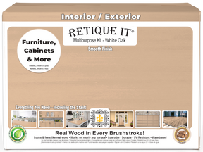 Retique It Wood'n Finish Kit with four white oak exterior top coat bottles, showcasing a smooth finish for wood projects.