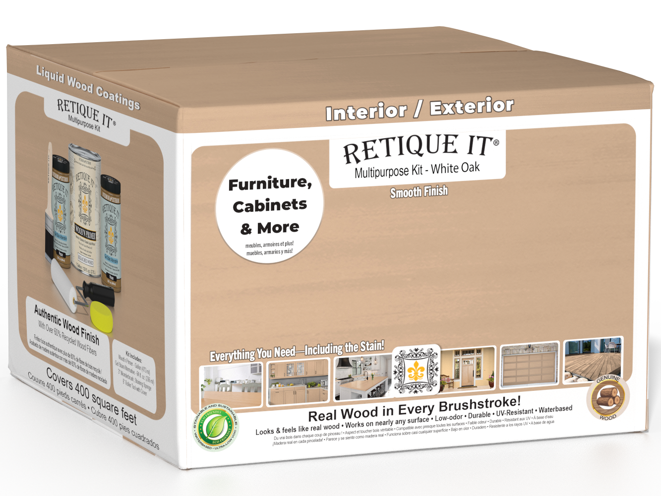 Retique It® White Oak Multi-purpose Smooth Finish Kit with four large wood top coats for interior wood projects.