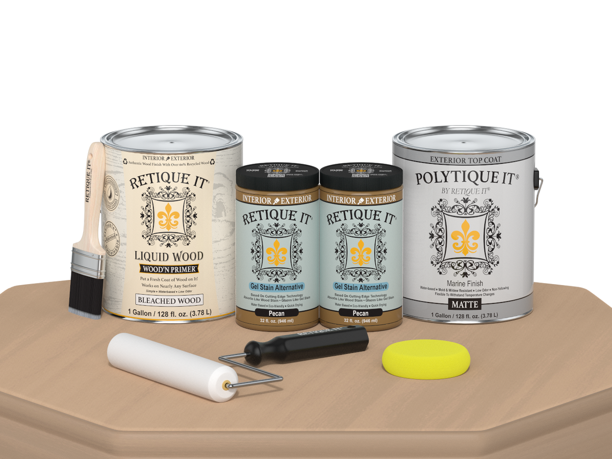 Retique It® Multi-purpose Smooth Finish Kit in White Oak for exterior wood top coating, includes four large wood finish bottles.