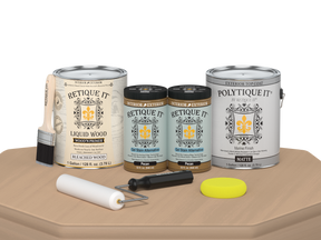 Retique It Multi-purpose Smooth Finish Kit in White Oak for exterior wood top coating, includes four large wood finish bottles.