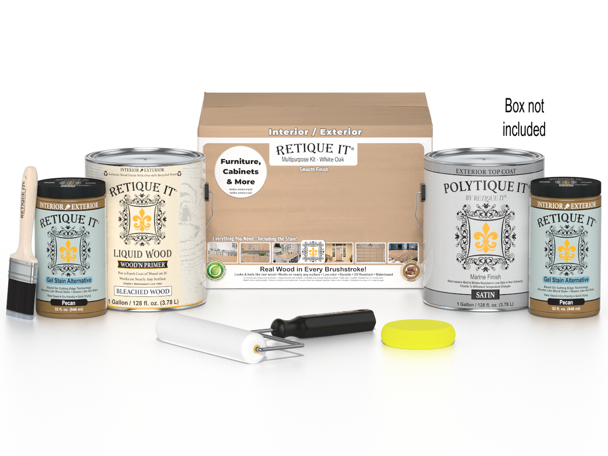 Retique It Multi-purpose Smooth Finish Kit in White Oak for exterior wood projects, includes four large top coat bottles.