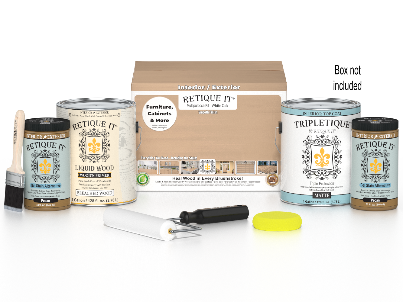 Retique It® White Oak Multi-purpose Smooth Finish Kit with 4 large interior top coat bottles in a white oak matte finish.