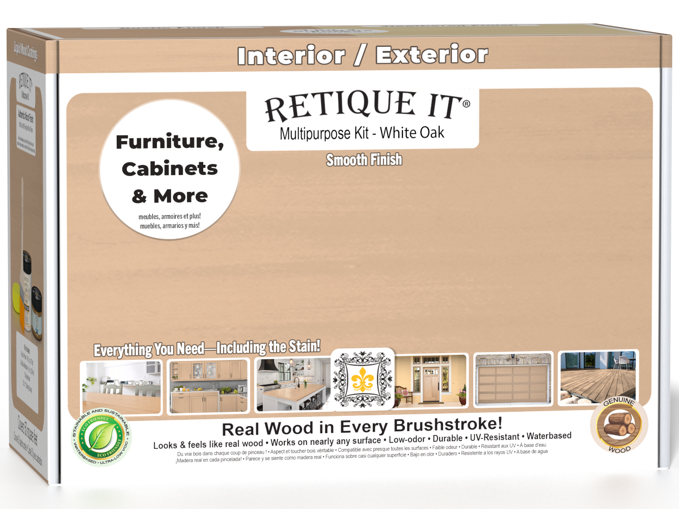 Retique It White Oak Multi-purpose Smooth Finish Kit for exterior wood, includes top coat and application tools in a box.