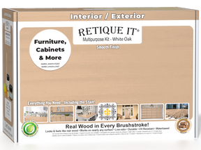 Retique It White Oak Multi-purpose Smooth Finish Kit for exterior wood, includes top coat and application tools in a box.