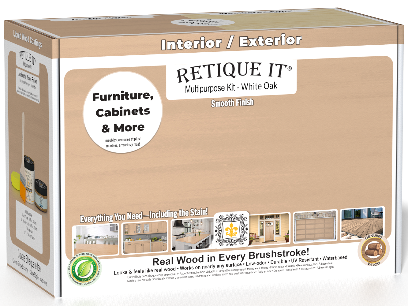Retique It White Oak Multi-purpose Smooth Finish Kit (Med) with exterior top coat in a box, featuring wood finish and matte surface.