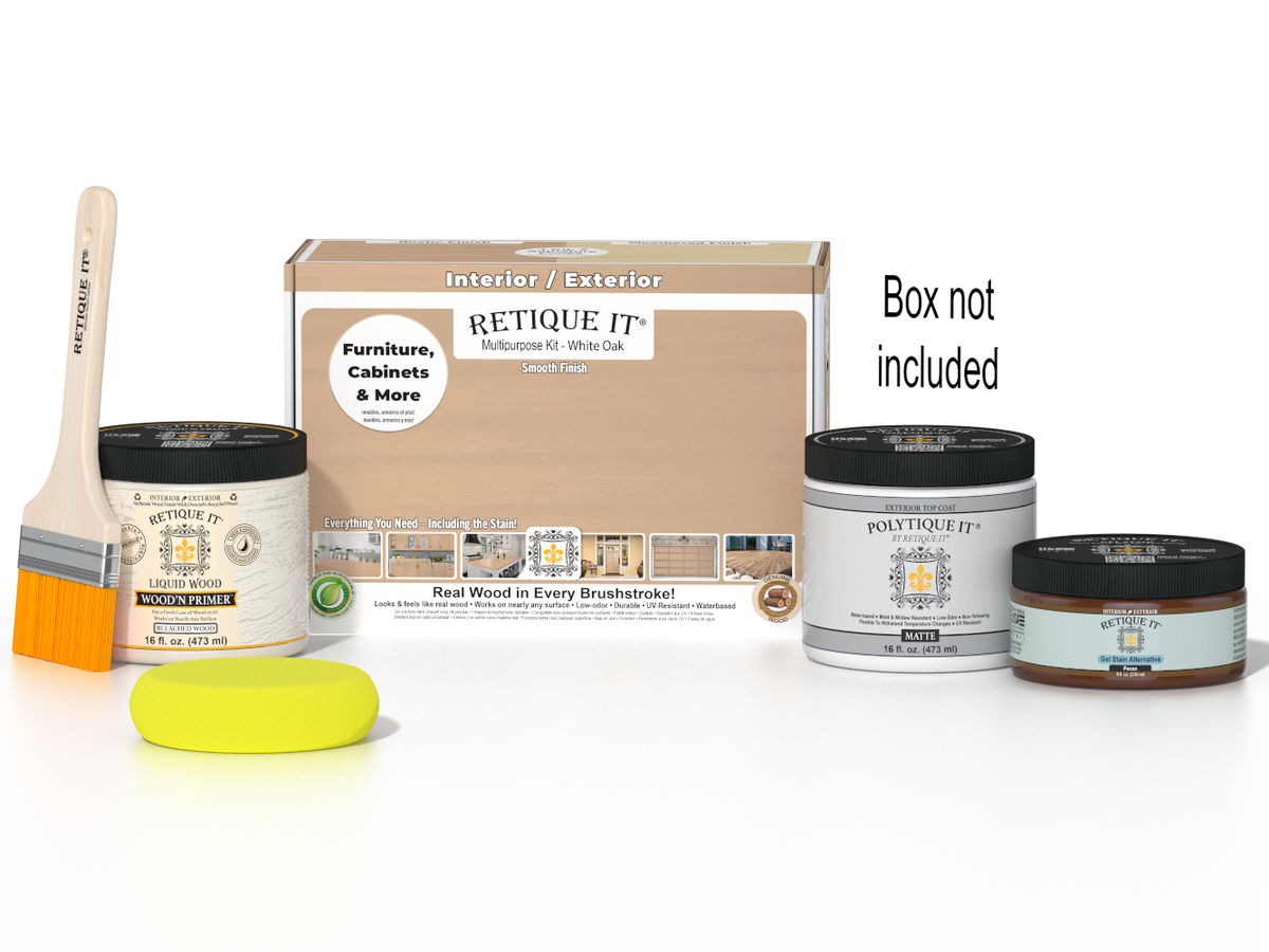 Retique It® White Oak Multi-purpose Smooth Finish Kit for exterior wood projects, includes top coat and application tools.