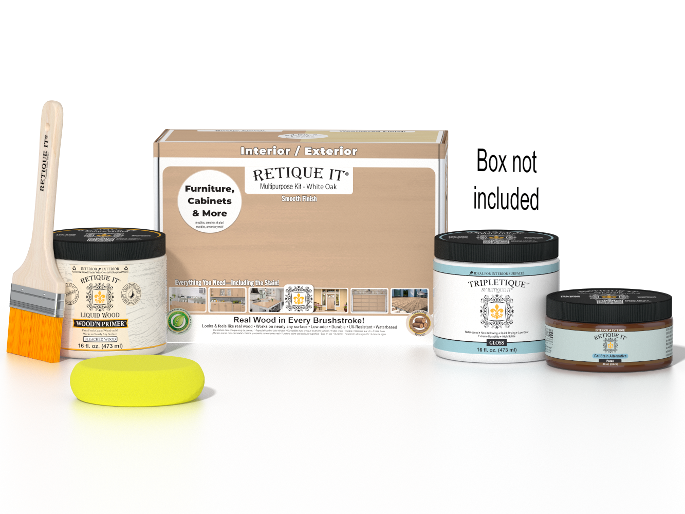 Retique It® White Oak Multi-purpose Smooth Finish Kit for interior top coat in gloss, includes applicator tools and finished wood sample.
