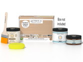 Retique It White Oak Multi-purpose Smooth Finish Kit for interior top coat in gloss, includes applicator tools and finished wood sample.