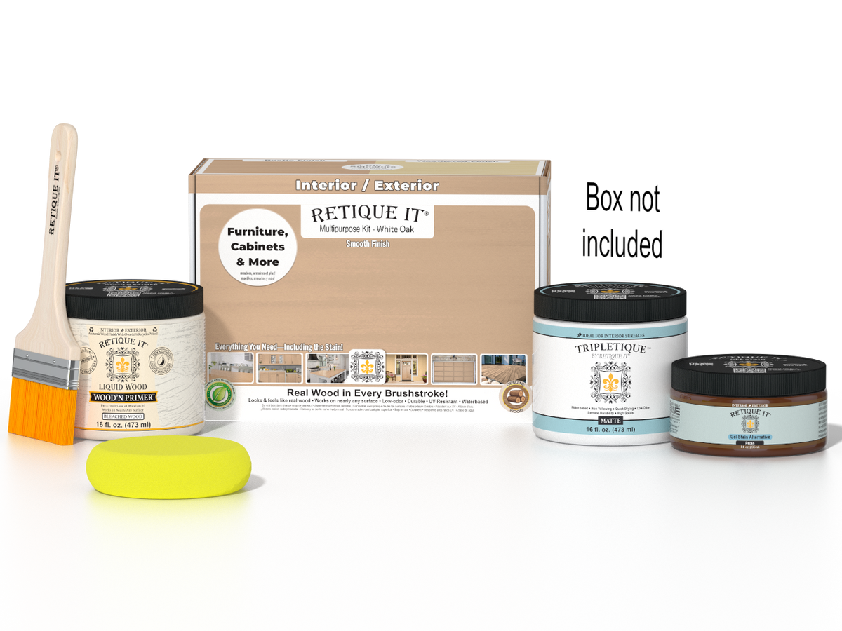 Retique It® White Oak Multi-purpose Smooth Finish Kit for interior top coat, includes applicator and finishing materials.