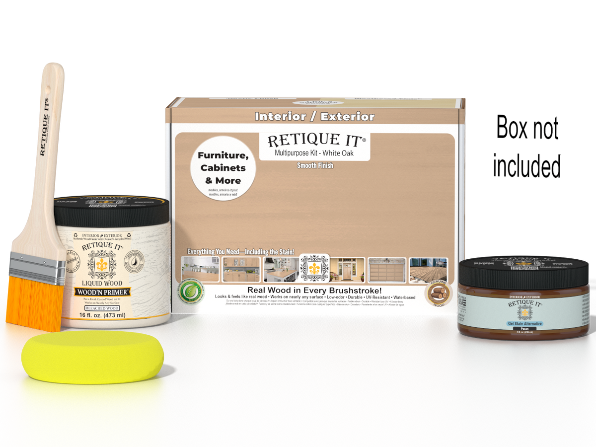 Retique It® White Oak Multi-purpose Smooth Finish Kit for wood projects, includes tools and materials for a professional finish.