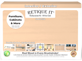 Retique It® large white oak wood finish kit with interior top coat in matte, featuring multiple tools for smooth woodworking projects.