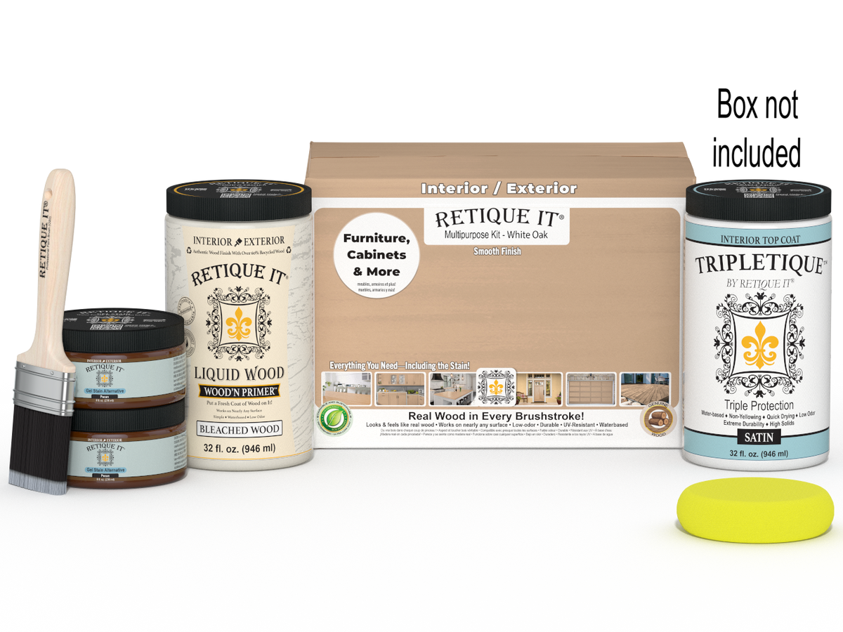 Large white oak wood finish kit by Retique It for interior top coats, includes tools and products for smooth wood surface finishing.