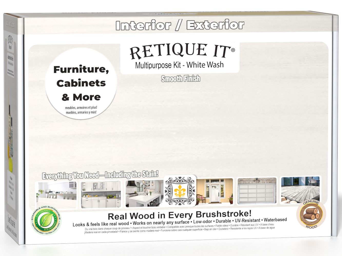 Retique It® Multi-purpose Smooth Finish Kit in White Wash for wood finishing, shown in a box with application tools.