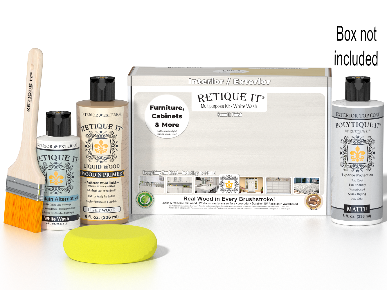 Retique It® Wood'n Finish Kit in White Wash for exterior top coat, smooth matte finish on wood surfaces.