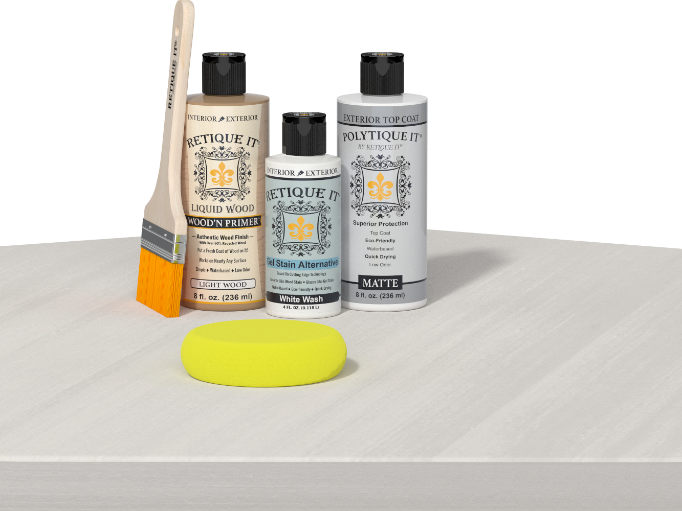 Retique It® Wood'n Finish Kit with white wash exterior top coat, showing a table with smooth, white washed wood finish.