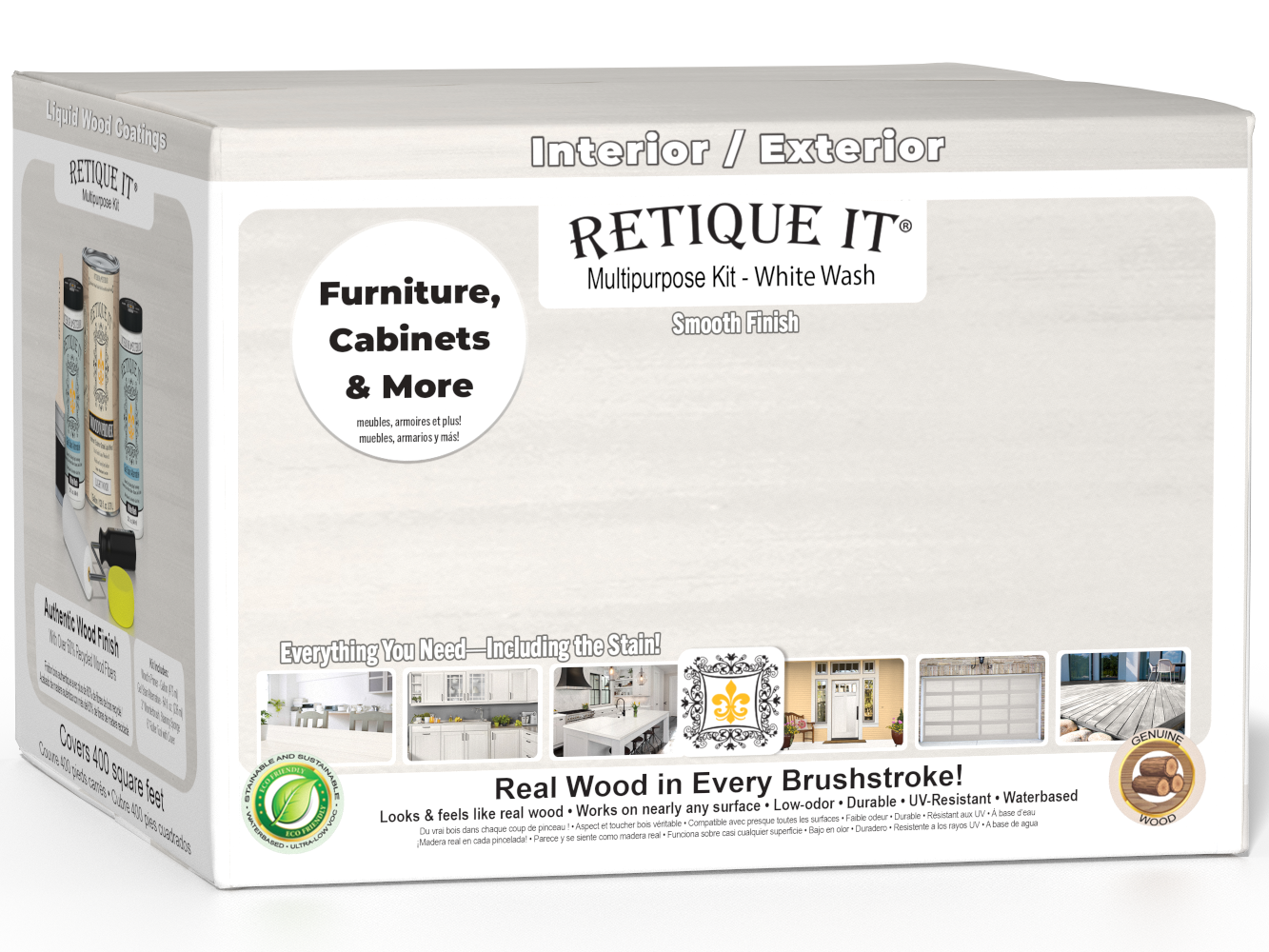 Retique It Multi-purpose Smooth Finish Kit with four large white wash exterior top coats in a box, designed for wood finishing.
