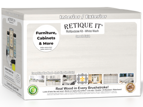 Retique It Multi-purpose Smooth Finish Kit with four large white wash exterior top coats in a box, designed for wood finishing.