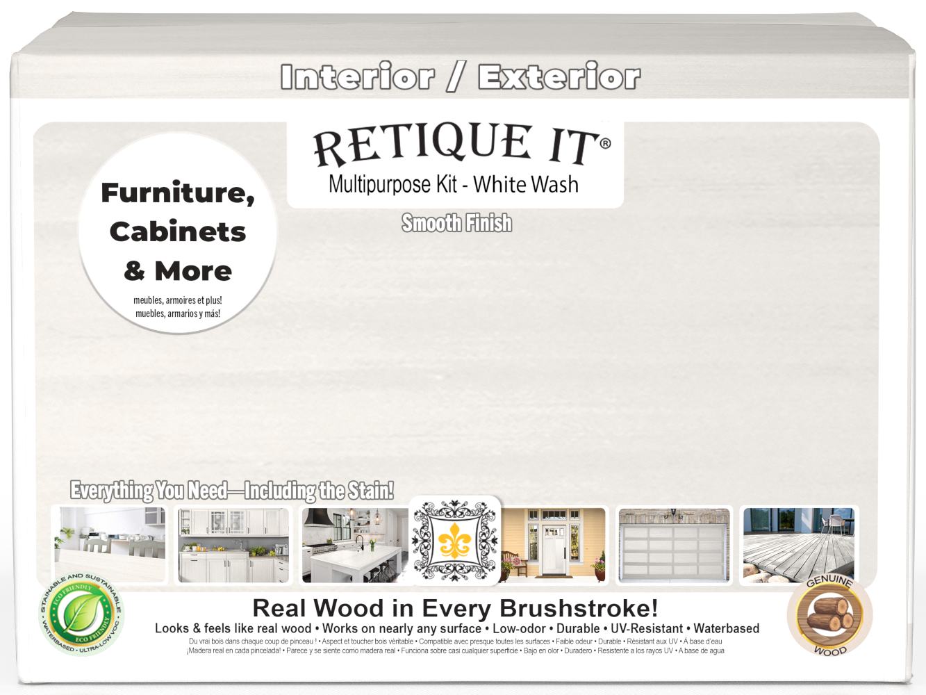 Retique It Multi-purpose Smooth Finish Kit in white wash, exterior wood top coat, featuring four large containers for wood finishing.