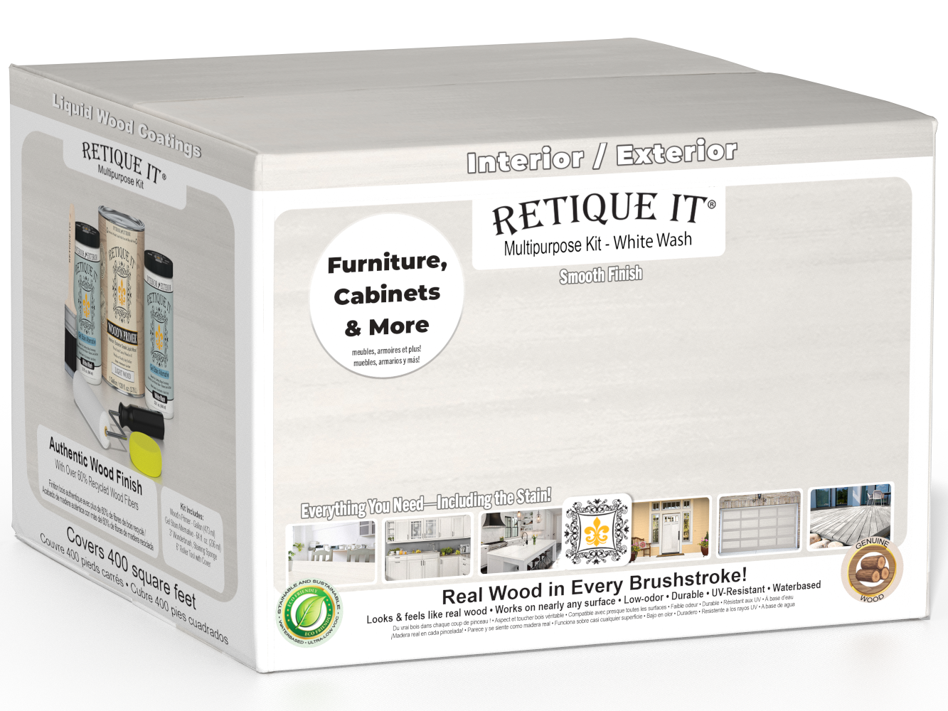 Retique It Multi-purpose Smooth Finish Kit with four large white wash exterior top coats for wood surfaces.