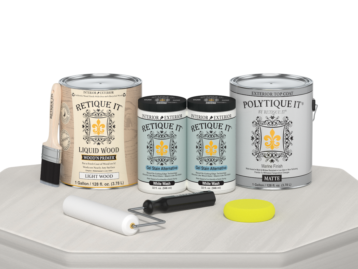 Retique It® Multi-purpose Smooth Finish Kit in white wash for exterior wood, includes four large top coat bottles in matte finish.