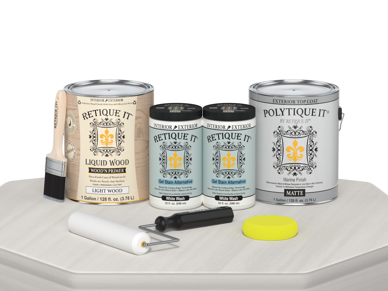 Retique It Multi-purpose Smooth Finish Kit in white wash for exterior wood, includes four large top coat bottles in matte finish.