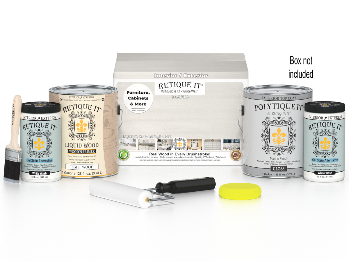 Retique It Wood'n Finish Kit with four large white wash exterior top coat bottles and applicator tools in a box.
