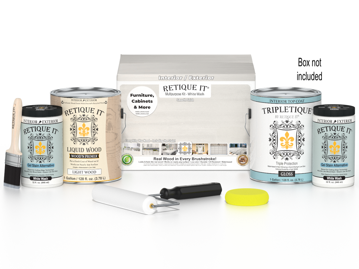 Retique It Wood'n Finish Kits white wash interior top coat in a multi-purpose smooth finish kit with four large containers.
