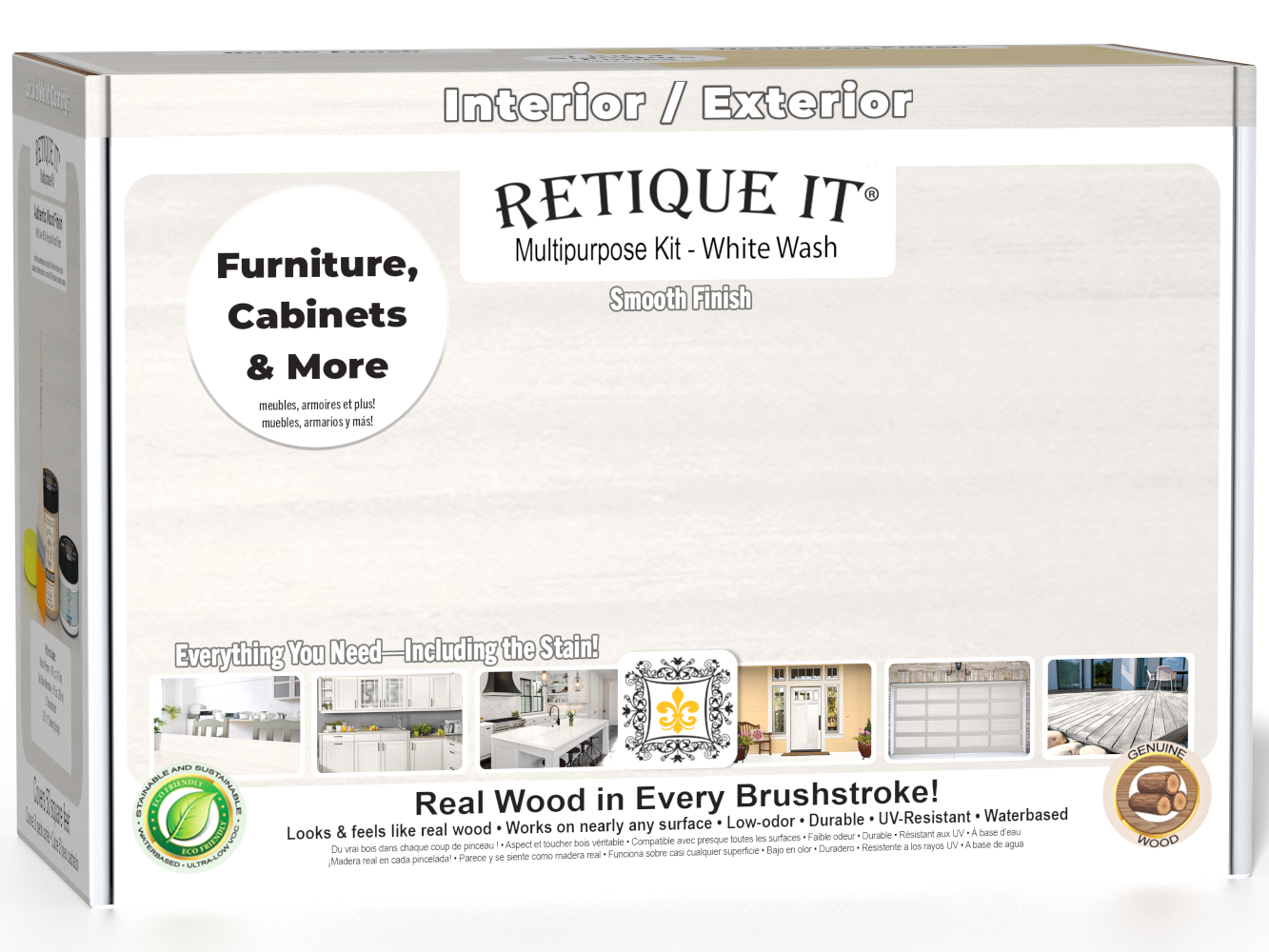 Retique It Multi-purpose Smooth Finish Kit (Med) in White Wash, exterior top coat with matte finish, for wood surfaces.