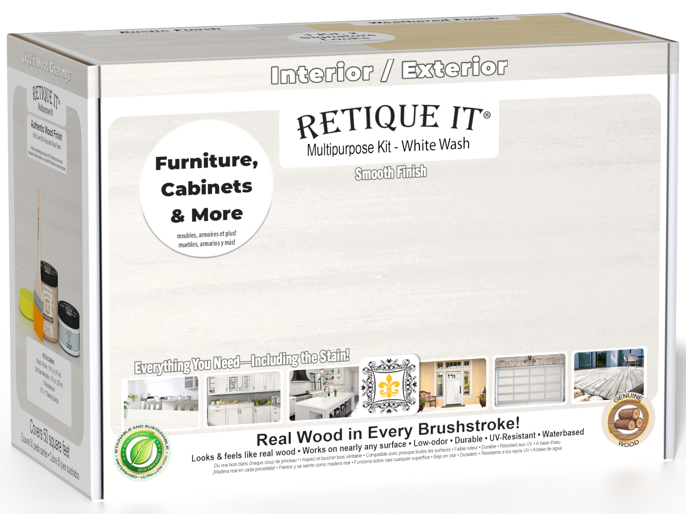 Retique It® Multi-purpose Smooth Finish Kit (Med) in White Wash, wood finishing kit with brushes and tools for DIY furniture projects.