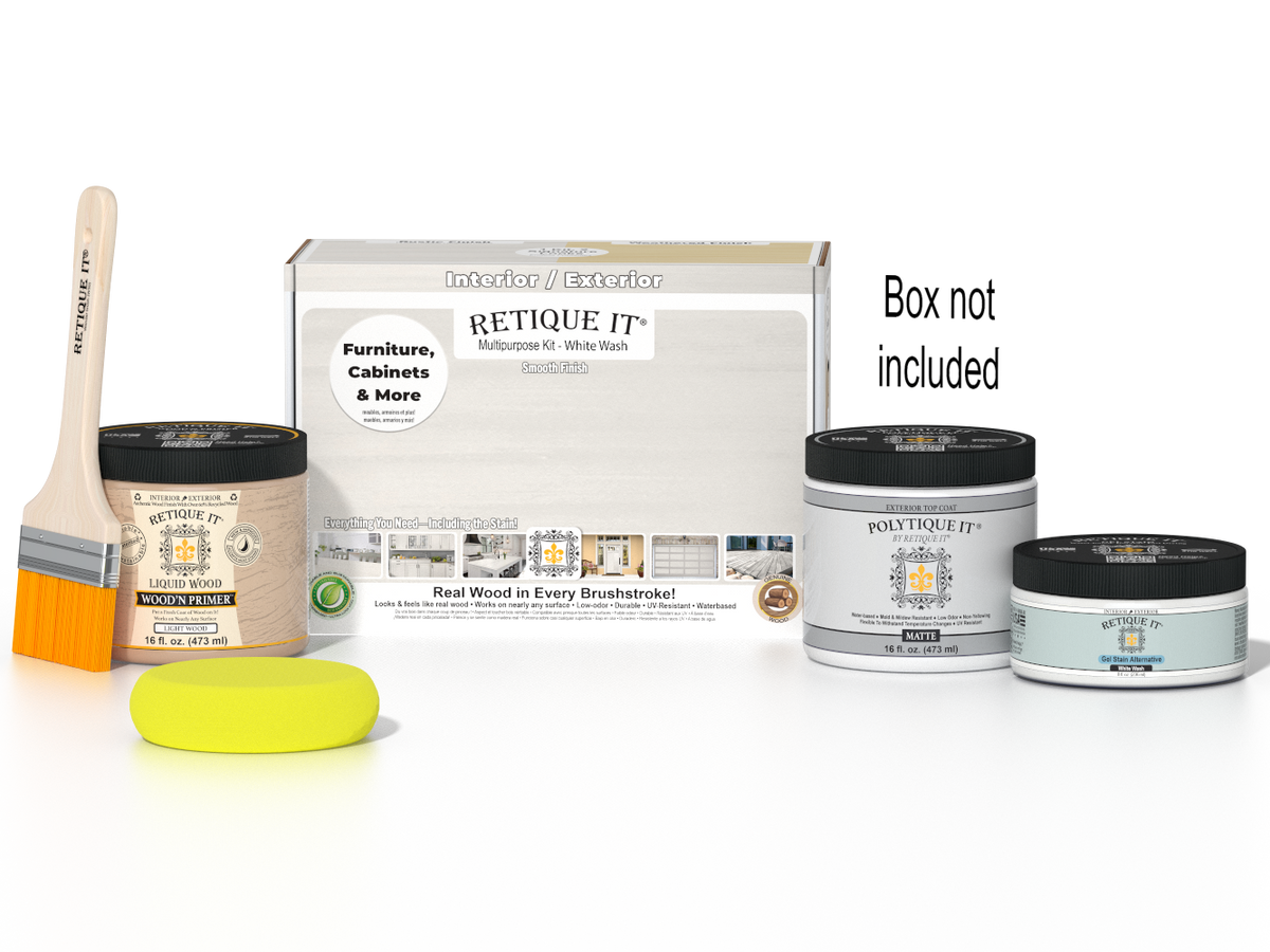 Retique It® Multi-purpose Smooth Finish Kit in White Wash for exterior wood, includes top coat and application tools.