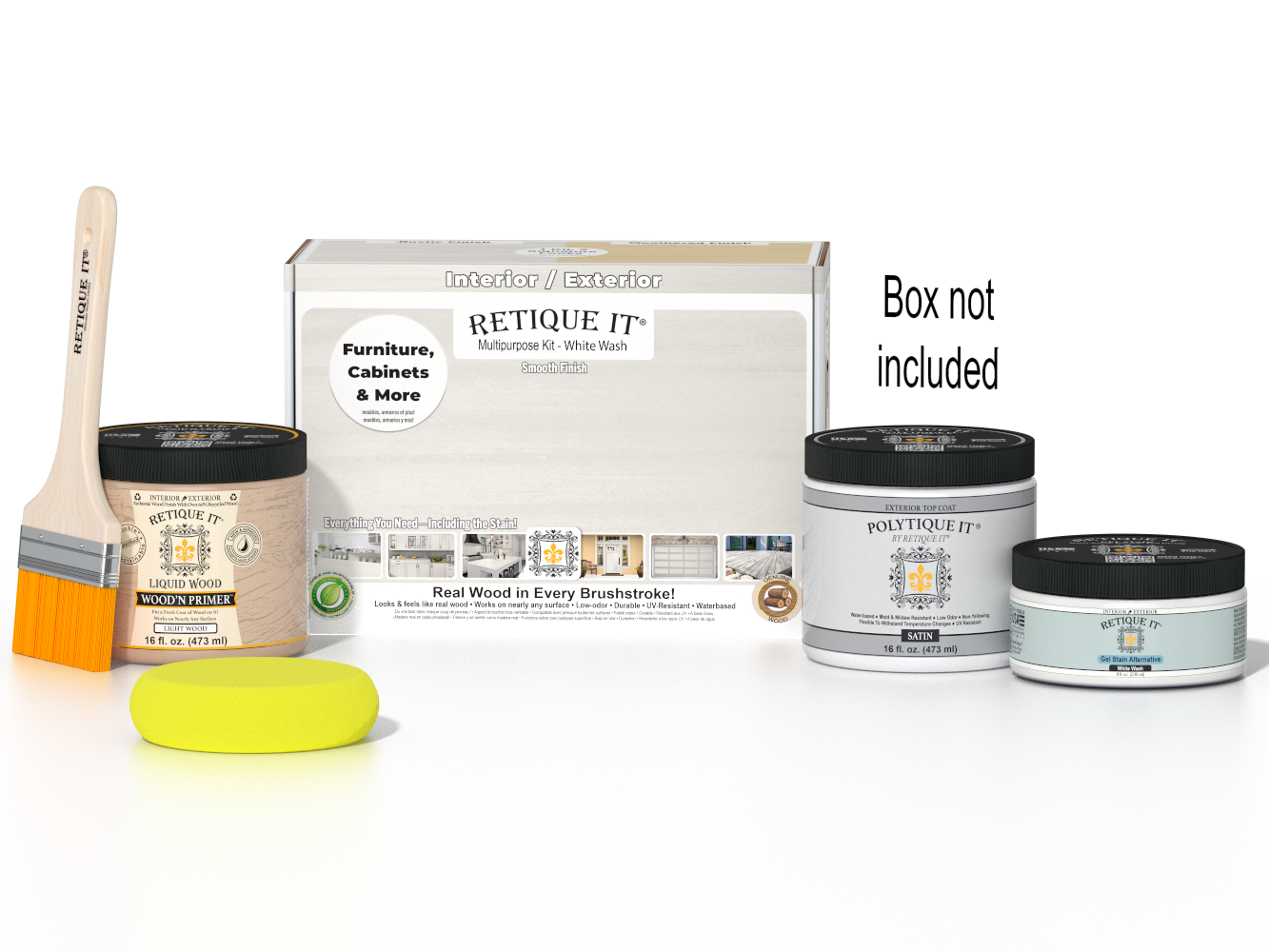 Retique It wood finish kit with white wash exterior top coat, including brushes and tools for smooth, multi-purpose wood finishing.