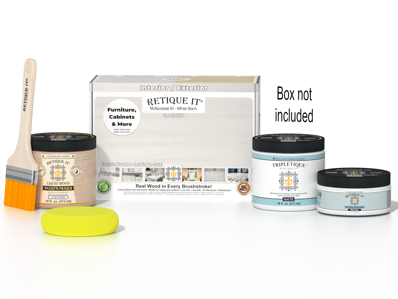 Retique It® Multi-purpose Smooth Finish Kit in white wash for interior wood, featuring a matte top coat and wood finish components.