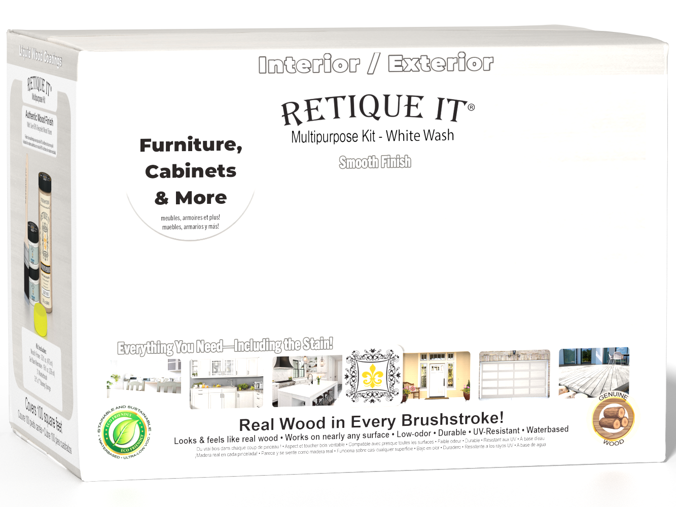 Retique It® Multi-purpose Smooth Finish Kit in White Wash for interior wood surfaces, includes large top coat in matte finish.