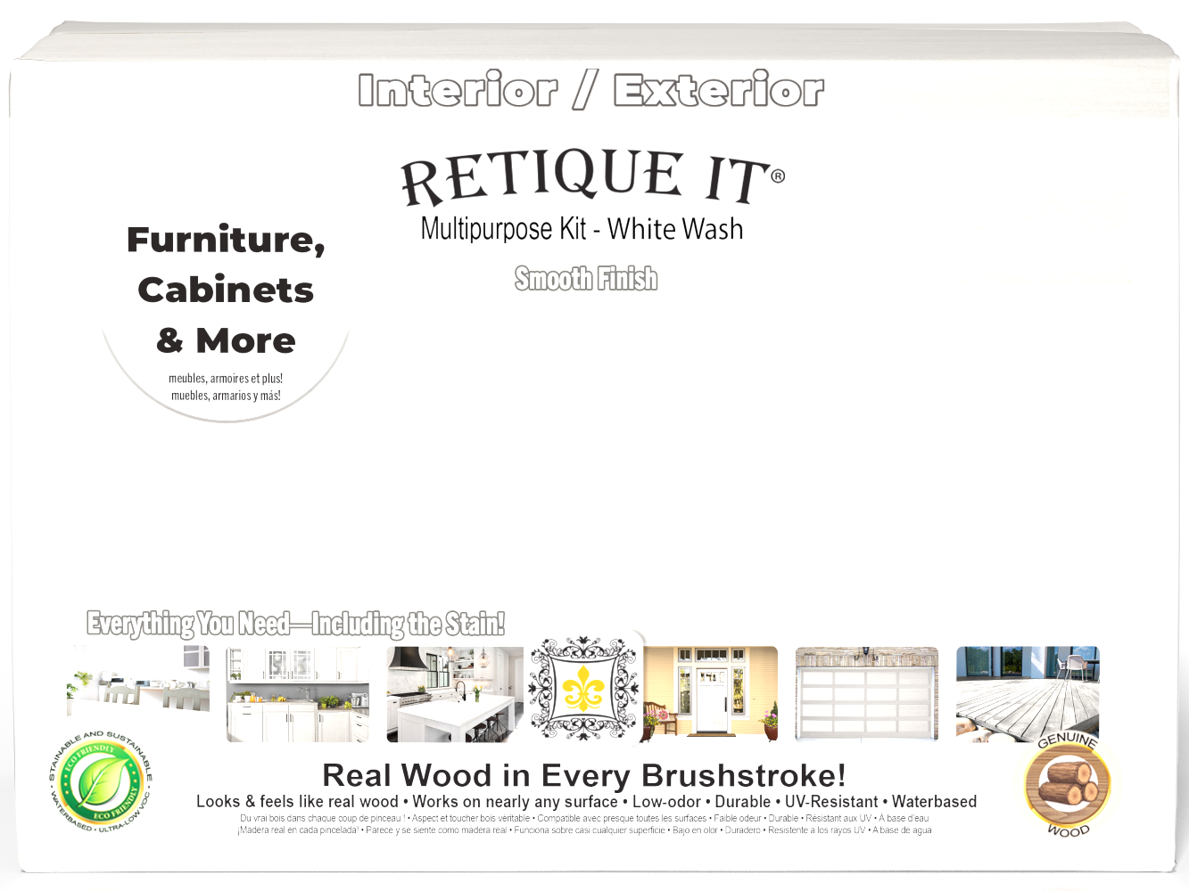 Large White Wash Wood'n Finish Kit by Retique It® with smooth finish and multiple tools in a box for wood finishing projects.