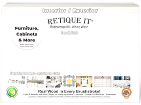 Large White Wash Wood'n Finish Kit by Retique It® with smooth finish and multiple tools in a box for wood finishing projects.